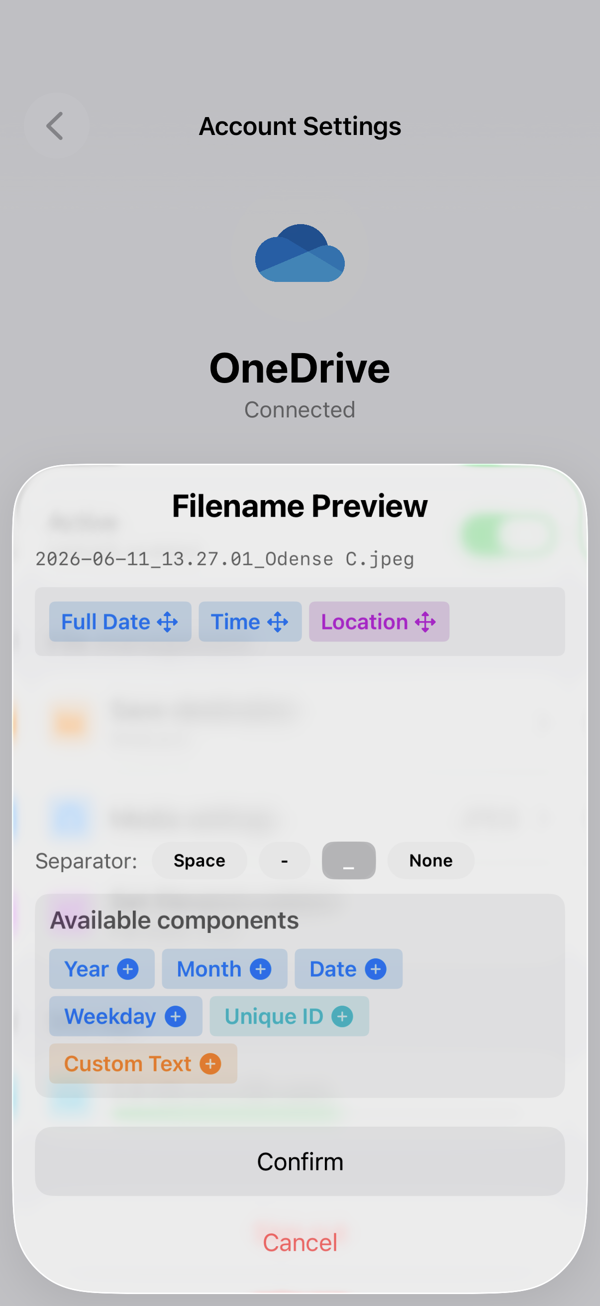 OneLens filename preview screen composing a custom file name from date, time and location