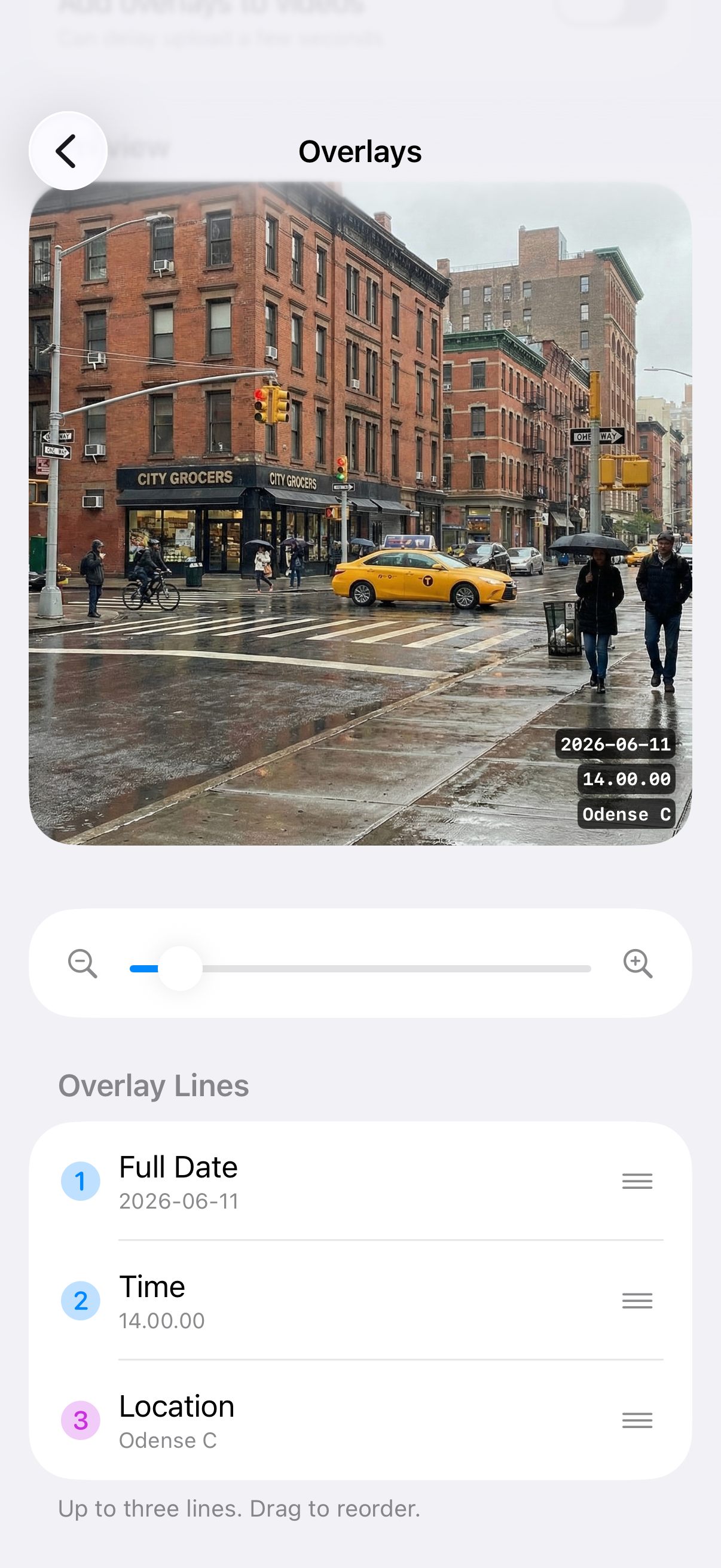 OneLens overlay editor burning date, time and location onto a street photo