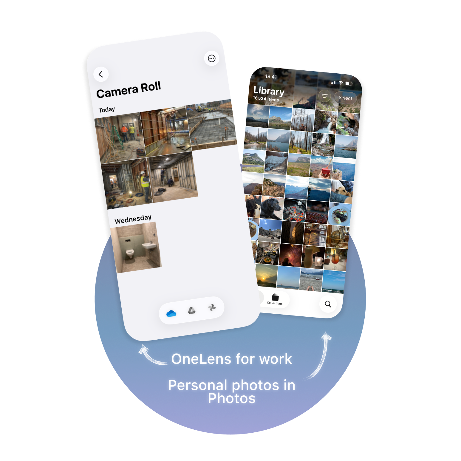 Work construction photos in OneLens next to personal photos in the iOS Photos library